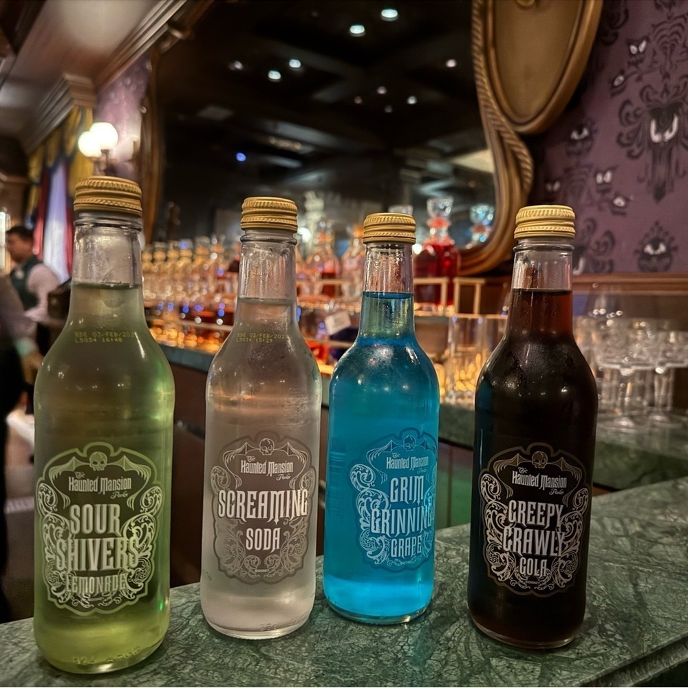 Disney Cruise Treasure Haunted Mansion Parlor 4 Soda Bottle SET NEW Sealed RARE